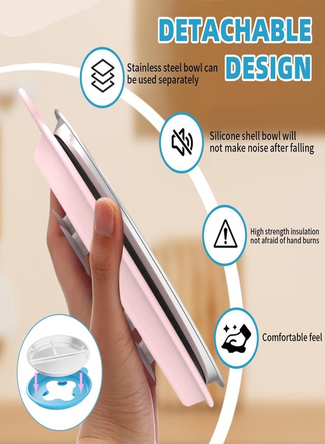 أو بيست طقم أوبيست من قطعتين من أطباق الأطفال المصنوعة من الفولاذ المقاوم للصدأ مع قاعدة تثبيت لاصقة، مناسبة للأطفال الصغار وفطام الأطفال، مزودة بأغطية سيليكون قابلة للإزالة ومقسمة إلى 9 بوصات، بتصميم أذن دب، مانعة للانزلاق، خالية من مادة BPA، آمنة للغسل في غسالة الأطباق، متوفرة باللونين الوردي والأزرق. - Image 2